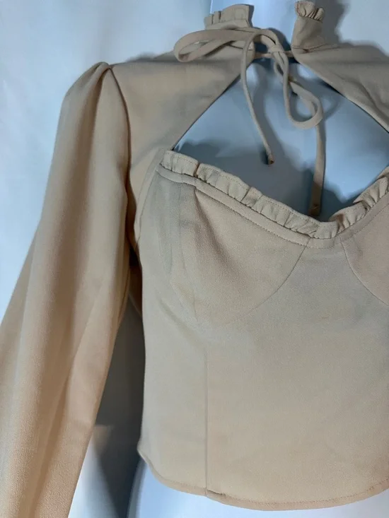 Forever 21 Nude Beigey Cutout Ruffle-Trim Long Sleeve Crop Top - Picture 2 of 6